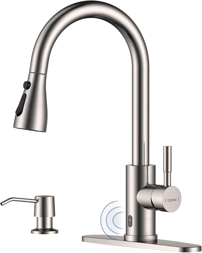 DAYONE Touchless Kitchen Sink Faucet with Soap Dispenser and Pull Down Sprayer, Stainless Steel High Arc Motion Sensor Touch Faucet for Kitchen Sink Smart Hands-Free Single Handle, Brushed Nickel