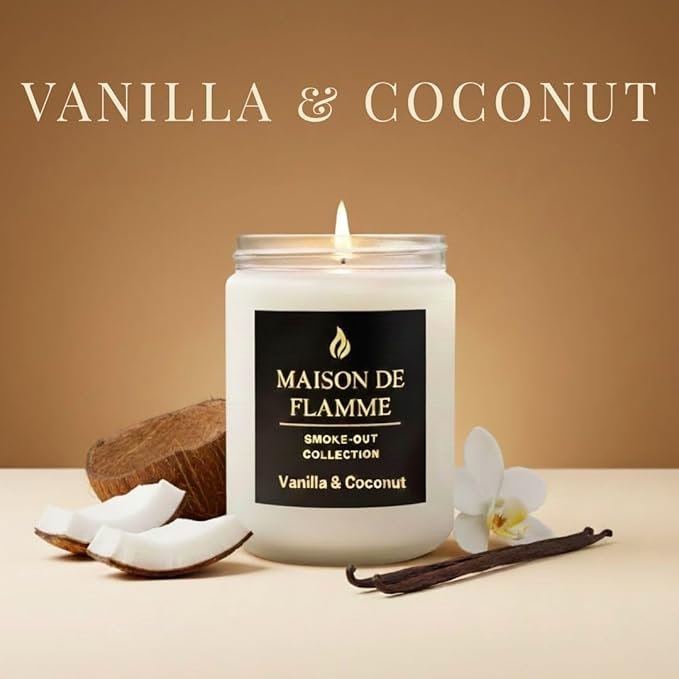 Vanilla & Coconut Odor-Eliminating Scented Candle (White Jar, 200g/7oz) | Long-Lasting Premium Soy Wax Candle for Smoke, Kitchen & Pet Odors