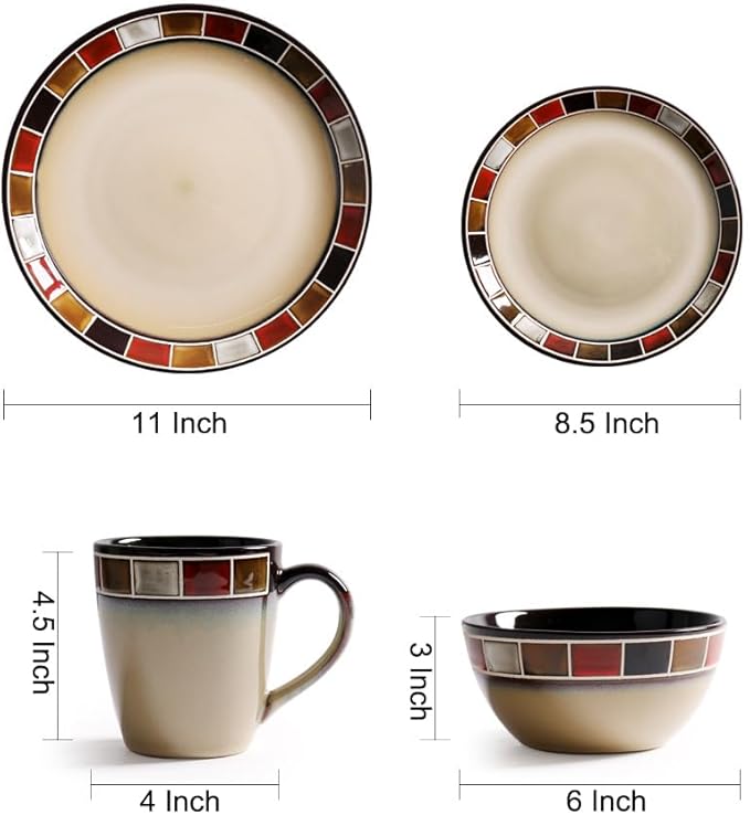 Ceramic Dinnerware Set of 4, 4 Pieces Porcelain Dinner Plate, Bowl, Mug for Kitchen – Unique Gift Idea, Scratch Resistant Dishes, Dishwasher & Microwave Safe - Red (Red)