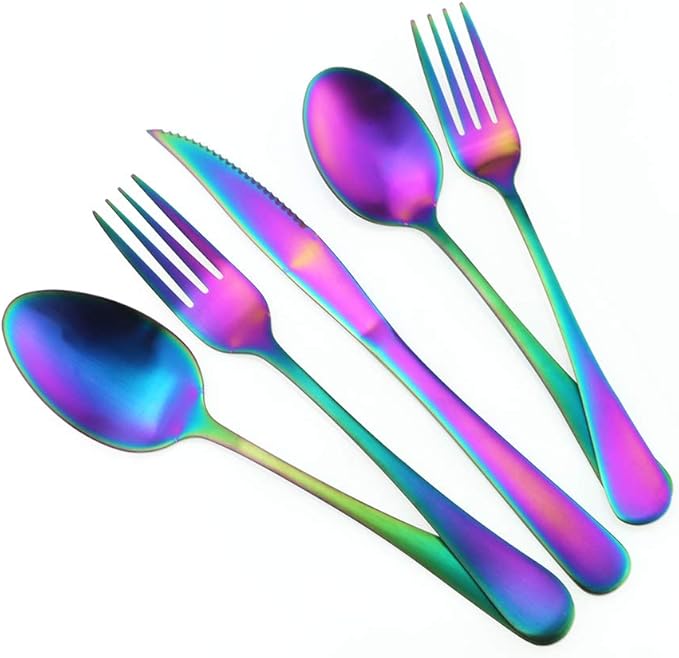 Rainbow Reusable Utensils with Case Camping Travel Silverware Set,Portable Stainless Steel Cutlery Set - Matte Flatware Set Knife Fork Spoon Mirror Straws Chopsticks - for Office Lunch, Hiking,School