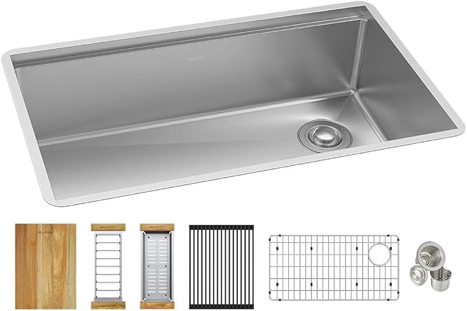 Elkay EFRU30169RTWC Crosstown 31-1/2" Undermount Single Basin Stainless Steel Kitchen Workstation Sink with Basin Rack, Basket Strainer, Colander, and Cutting Board - Stainless Steel
