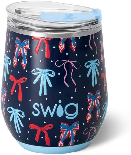Swig Life 12oz Wine Tumbler with Lid, Stainless Steel, Dishwasher Safe, Portable, Triple Insulated Wine Tumbler (Miss Independence)