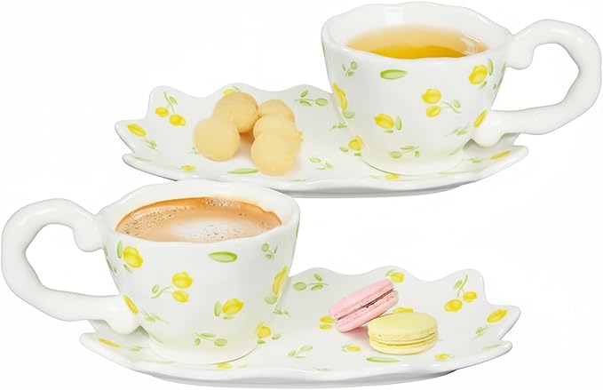 Unique Ceramic Coffee Mug, Cup and Saucer Set, Cute Fancy Girly Afternoon Tea Set Purse Gift, 5.4 oz/160 ml Yellow flowers