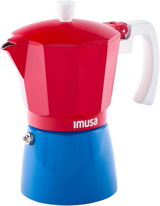 IMUSA Stovetop Espresso Maker 6 Cup – Cast Aluminum Moka Pot Caribbean Colors Edition Red Blue White – Cafetera Italiana Espresso Cuban Coffee Maker