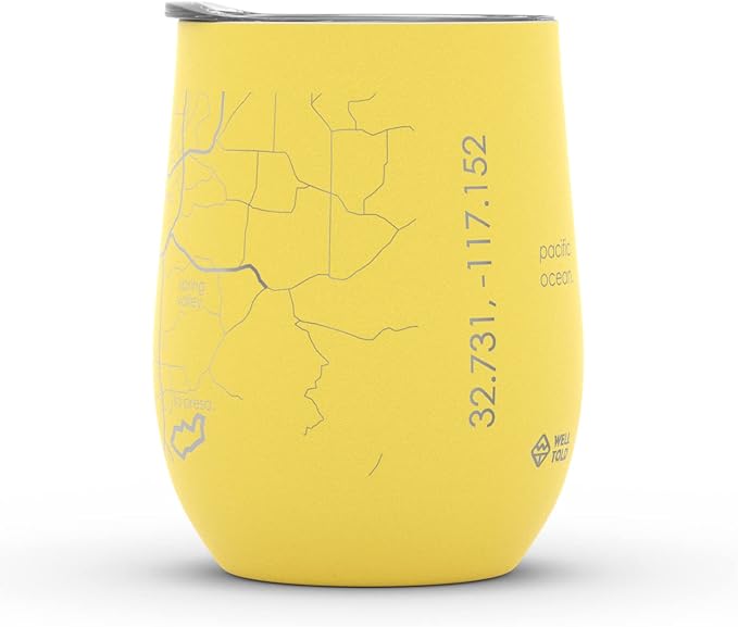 Well Told Engraved San Diego California Map Insulated Wine Tumbler, Etched Stainless Steel Cup (12 oz, Sunrise Yellow) City Map Insulated Tumbler, Custom Insulated Tumbler, Outdoor Drinkware
