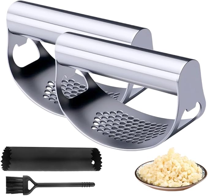 Stainless Steel Garlic Presser, 2025 Upgrade Garlic Press Rocker Garlic Crusher Mincer Garlic Crusher with Peeler Wide Handle Innovative Garlic Chopper Mincer Crusher Grinder Masher (2Set)