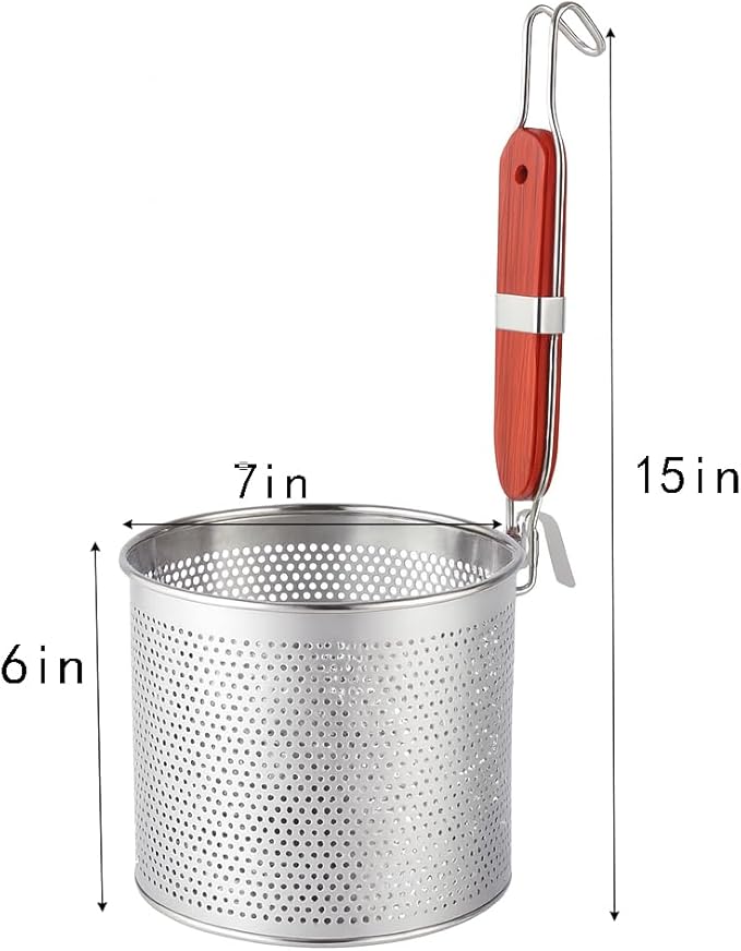 Mesh Pasta Basket Food Strainer Insert For Pot, Colander with Round Wooden Handle Stainless Steel Mesh Spider Strainer for Pasta Noodles Dumpling Vegetable