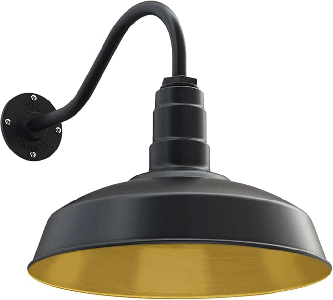 Steel Lighting Co. | Dusk to Dawn | Gardena Barn Light | Outdoor Wall Mounted | 16" Dome | 16" Gooseneck | Farmhouse Light Made in America | Matte Black Exterior/Brass Interior