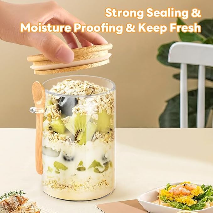 Glass Storage Containers with Lids and Spoons for Overnight Oatmeal, 16oz Meal Prep Food Jars with Bamboo Lids for Chia Seed Pudding, Yogurt, Coffee Beans, Salad (Set of 4)
