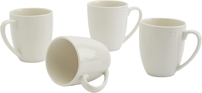 TTU Tabletops Gallery Embossed Bone White Porcelain Round Dinnerware Collection- Chip Resistant Scratch Resistant, Bloom 4 Piece Mug Set