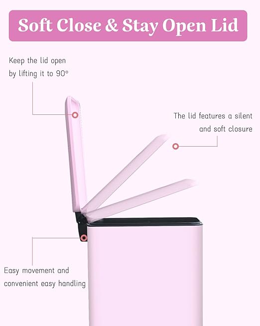 Pink Trash Can, 2.6 Gallon Bathroom Trash Can with Lid, Stainless Steel Garbage Can with Removable Liner Bucket, 10 Liter Rectangle Step Trash Bin for Office, Kitchen, Bedroom, Living Room