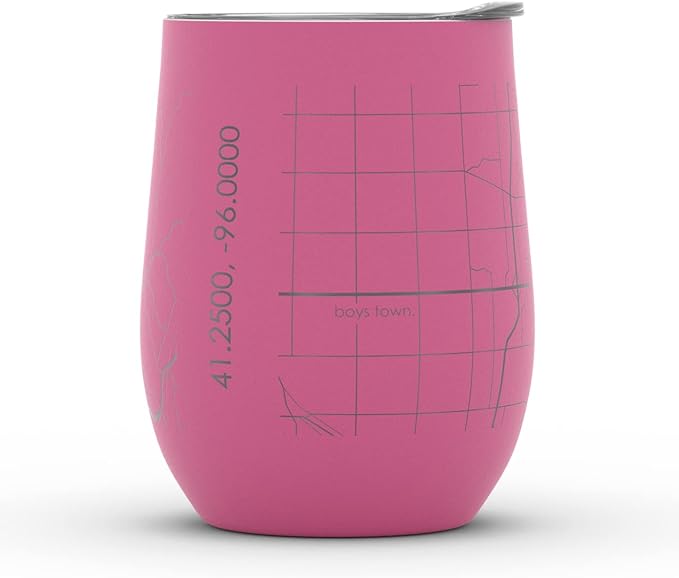 Well Told Engraved Omaha Nebraska Map Insulated Wine Tumbler, Etched Stainless Steel Cup (12 oz, Sunset Pink) City Map Insulated Tumbler, Custom Insulated Tumbler, Outdoor Drinkware