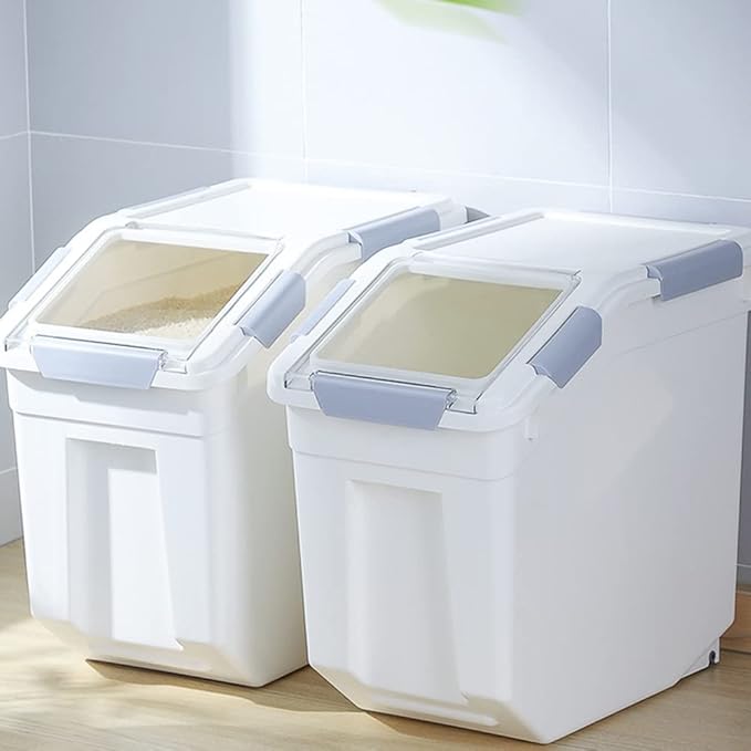 Airtight Flour Storage Container 25 lb Rice Storage Container with Wheels Seal Locking Lid, Food Containers with Measuring Cup& Scoop for Flour, Rice, Grain, Gray, 2Pack