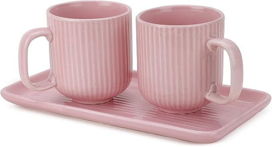Ceramic Coffee Mugs with Handle Set – 2-Piece 11 Oz Ceramic Coffee Cups & 9" Tray, Handmade Pastel Pink Color, Microwave Safe Gift Set for Tea Lovers, Home Kitchen Décor