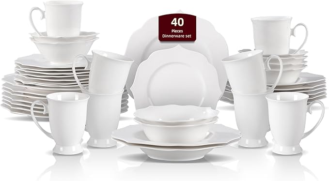 HomeVss, New Bone China Dinnerware Set, Embossed Lotus Design, 40pc Set