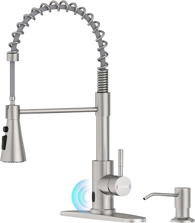 DAYONE Touchless Kitchen Sink Faucet with Pull Down Sprayer and Soap Dispenser, Stainless Steel Motion Sensor Touch Faucet for Kitchen Sink Smart Hands-Free Single Handle, Brushed Nickel