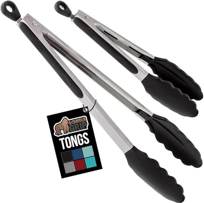 GORILLA GRIP Stainless Steel Heat Resistant Kitchen Tongs for Cooking, 12 + 14 Inch Set of 2 BBQ Tong, Non Scratch Silicone Tip for Pan, Strong Grip, Grab Food, Toss Salad, Air Fryer, Pull Lock, Black