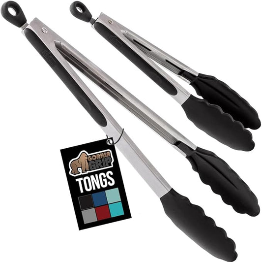 GORILLA GRIP Stainless Steel Heat Resistant Kitchen Tongs for Cooking, 12 + 14 Inch Set of 2 BBQ Tong, Non Scratch Silicone Tip for Pan, Strong Grip, Grab Food, Toss Salad, Air Fryer, Pull Lock, Black