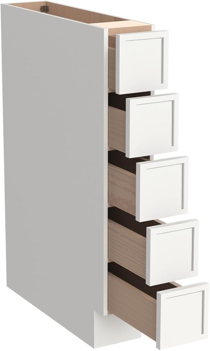 Solid Wood 5-Drawer Spice Cabinet for Kitchen, Soft Close Drawer Glides, Freestanding Storage Organizer, Fits 6" Base Cabinets, Natural Birch Wood (NT-Origami White, 6" W x 24" D x 34.5" H)