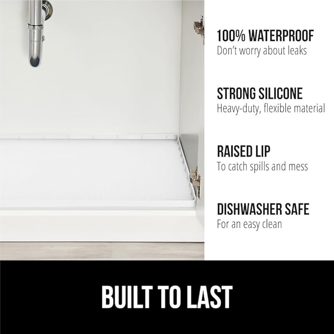 GORILLA GRIP Waterproof Silicone Under Sink Mat with Raised Lip for Kitchen and Bathroom, 31 x 22 in, Cabinet Shelf Liner Stay in Place Mats Dishwasher Safe Drawer Liner, Organizer Tray, White