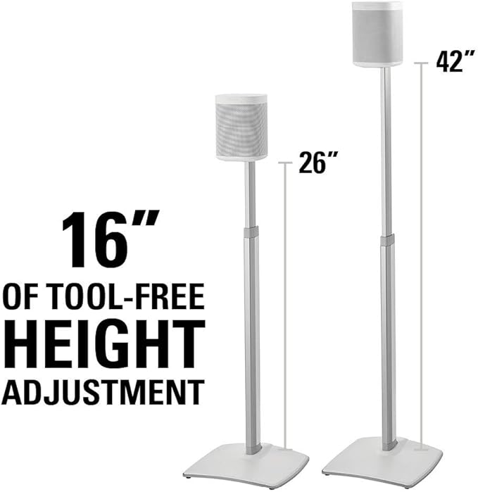 Sanus Adjustable Height Wireless Speaker Stands Designed for SONOS ONE, ONE SL, Play:1, and Play:3 - Tool-Free Height Adjust Up to 16" with Built in Cable Management - Single White