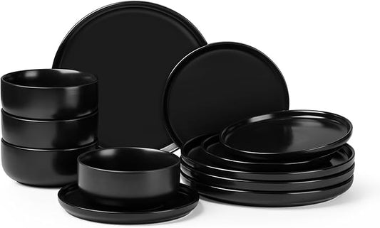 Herogo 12 Pieces Stoneware Dinnerware Sets Service for 4, Dinner Plates and Bowls Sets, Double Reactive Glaze Dishes Sets for Kitchen, Scratch Resistant, Microwave & Dishwasher Safe, Matte Black