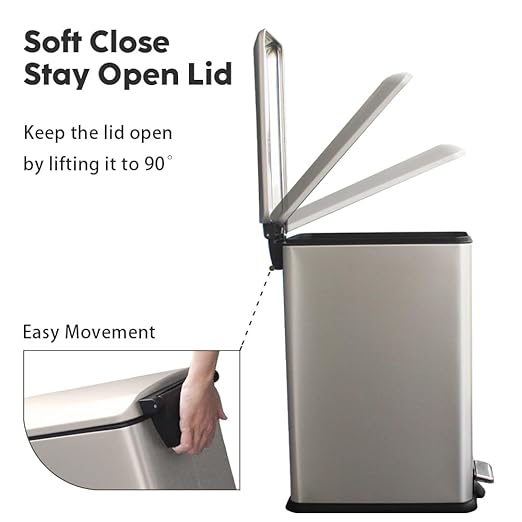 12 Gallon Slim Kitchen Trash Can, Rectangular Trash Can with Lid, Removal Inner Liner, Foot Pedal, Stainless Steel Garbage Can 45 Liter (Kohler's Steel Gray)