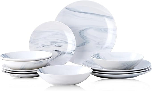 Bestone 12 Pieces Round Kitchen Dinnerware Sets,Plates and Bowls sets,Dishes, Plates, Bowls, Dish Set，Plates and Bowls,Service for 4, Blue and White Marble