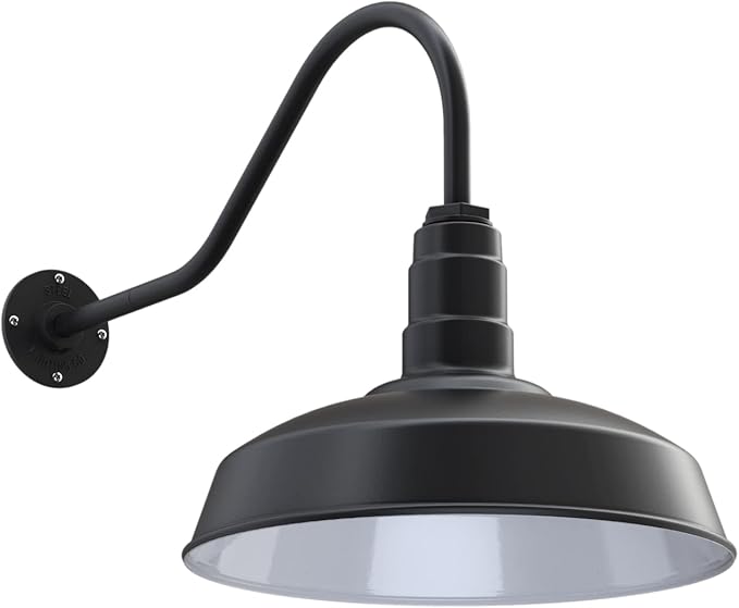 Steel Lighting Co. | Dusk to Dawn | Gardena Barn Light | Outdoor Wall Mounted | 16" Dome | 23" Gooseneck | Farmhouse Light Made in America | Matte Black Exterior/White Interior