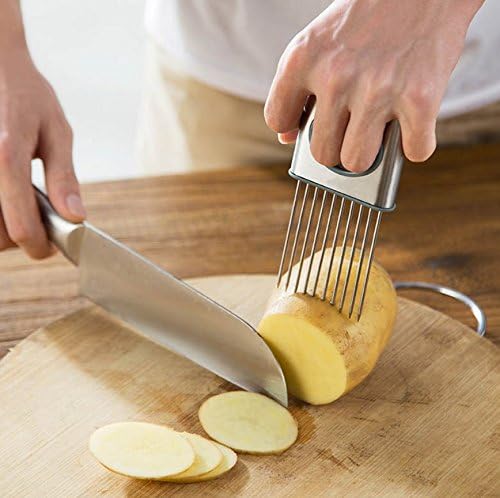 Best Utensils Onion Holder Slicer Vegetable Tools Stainless Steel Easy Onion Holder Slicing Guide Vegetable Tomato Lemon Meat Holder Slicer Tools Cutter, Cutting Kitchen Gadget, Silver