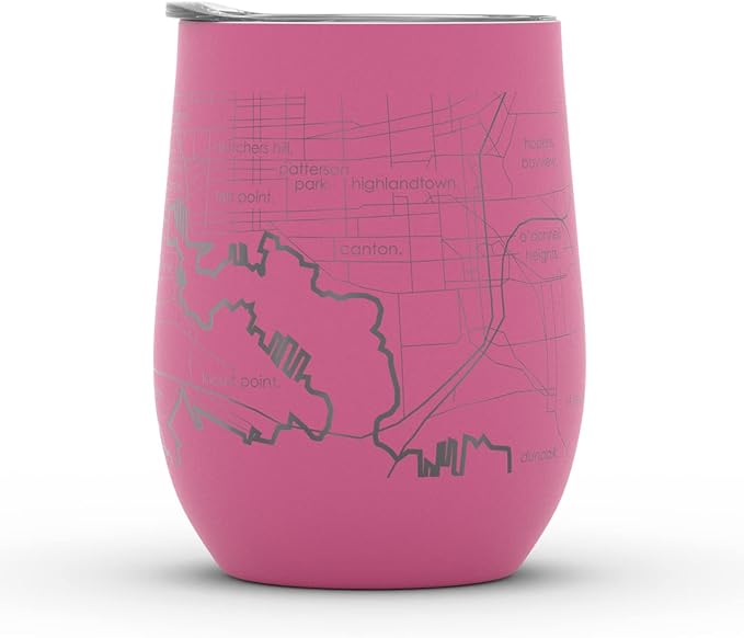 Well Told Engraved Baltimore Maryland Map Insulated Wine Tumbler, Etched Stainless Steel Cup (12 oz, Sunset Pink) City Map Insulated Tumbler, Custom Insulated Tumbler, Outdoor Drinkware