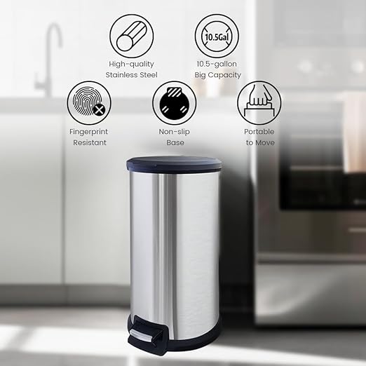 10 Gallon Trash Can with Lid, Tall Round Stainless Steel Kitchen Garbage Can with Plastic Lid, Liner Free Step-on Pedal Hand Free Trash Can, 40 Liter Capacity, Silver