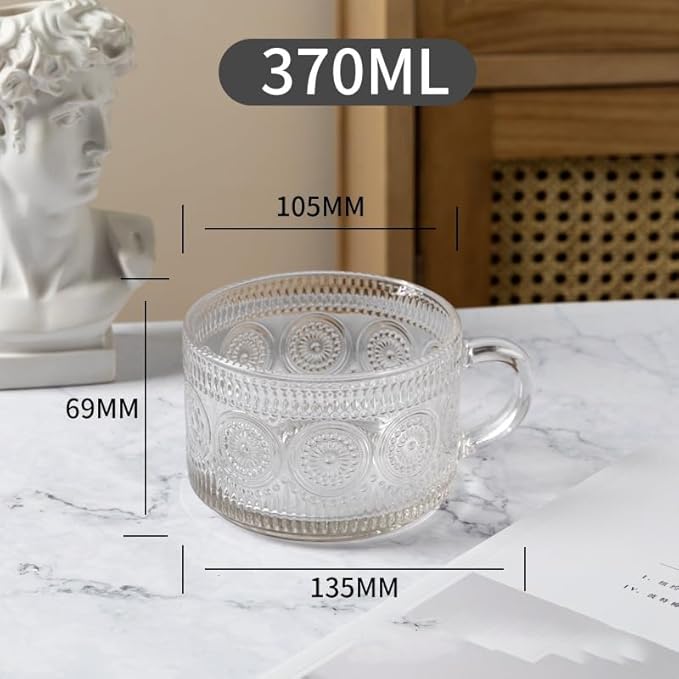 Vintage Glass Coffee Mugs 14 Oz Set of 2 Clear Embossed Tea Cups, Glass Coffee Cups for Cappuccino, Cereal, Yogurt, Latte, Beverage Christmas Thanksgiving Gifts