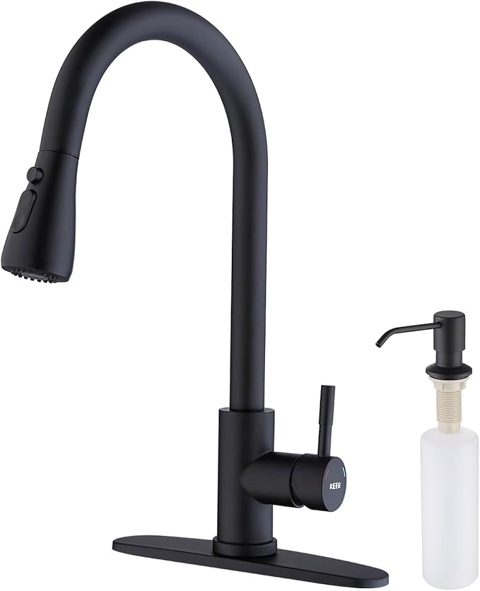 Keer Matte Black Single Handle Pull Down Kitchen Faucet with Soap Dispenser, 3 Modes Sprayer, Deep Plating Metal Finish, Easy Assembly, 20-Inch