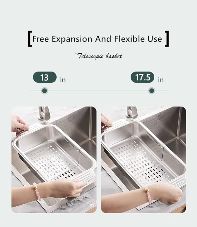 ZDRongZhen Kitchen Supply-Over the Sink Colander Strainer Basket Stainless Steel Retractable Kitchen Sink Basket -Wash Vegetables and Fruits, Drain Pasta and Dry Dishes,Extendable (Medium Silver)