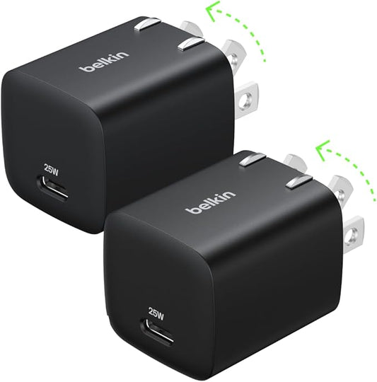Belkin USB C Charger Block 25W (2 Pack) – PD3.0 PPS Super Fast Charging - Samsung Galaxy S25, S24, Apple iPhone 17, Air, Pro, Pro Max, AirPods, Apple Watch, Google Pixel 10, Nintendo Switch - Black