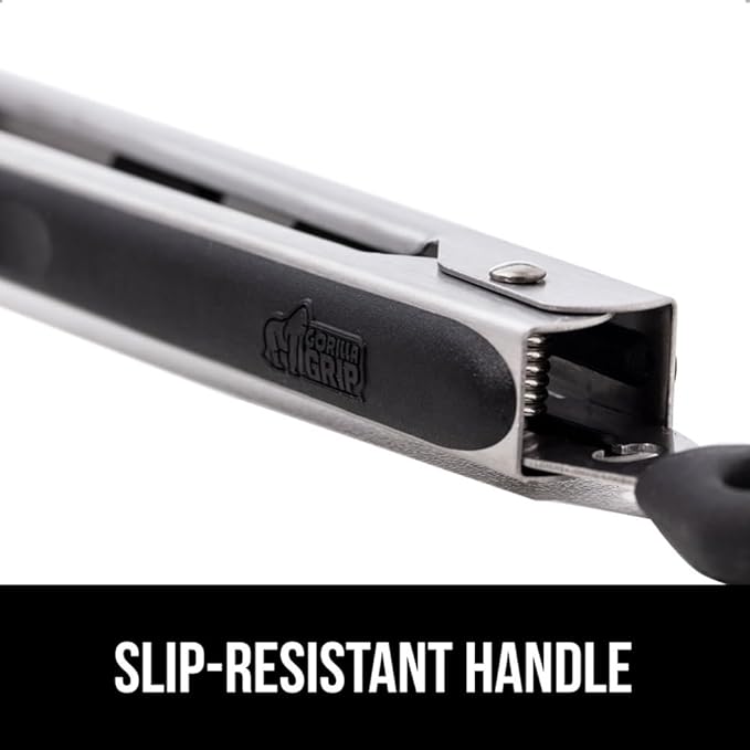 GORILLA GRIP Stainless Steel Heat Resistant Kitchen Tongs for Cooking, 9 + 12 Inch, Set of 2 BBQ Tong, Non Scratch Silicone Tip for Pan, Strong Grip, Grab Food, Toss Salad, Air Fryer, Pull Lock, Black