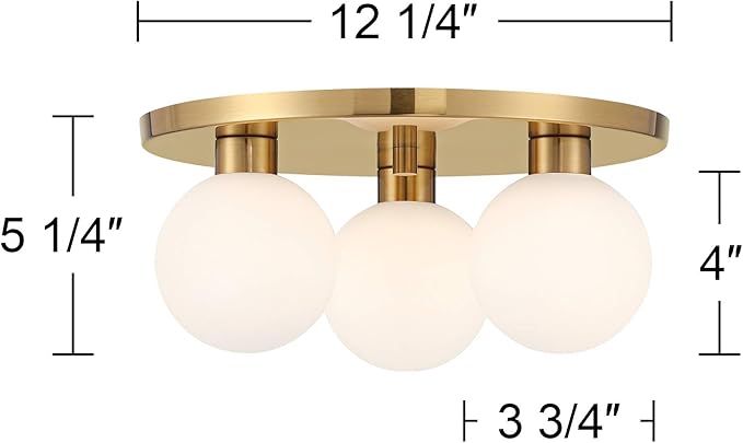 Possini Euro Design Katalin 12 1/4" Modern Semi Flush-Mount Ceiling Light Fixture Kitchen Foyer Hallway Round 3-Light LED Dimmable Gold Finish White Glass Metal Bedroom Bathroom Entryway Living Room