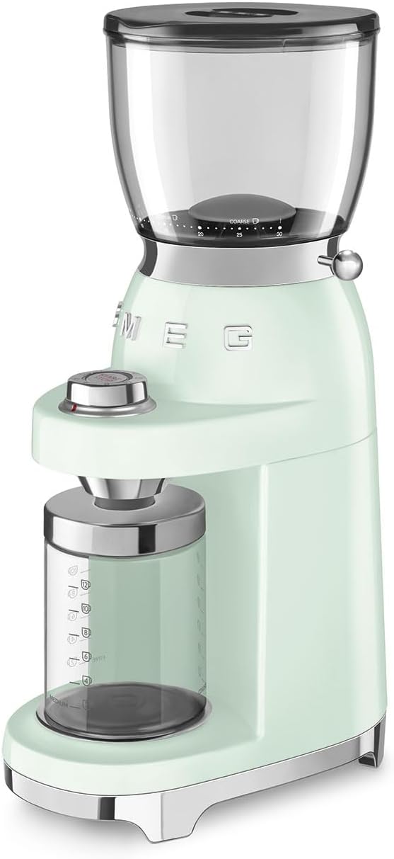 SMEG CGF11 Retro-Style Coffee Grinder – Burr Mill with 30 Grind Settings, Stainless Steel Conical Burrs, Removable Hopper – Precision Countertop Grinder for Espresso, Drip, French Press-Pastel Green