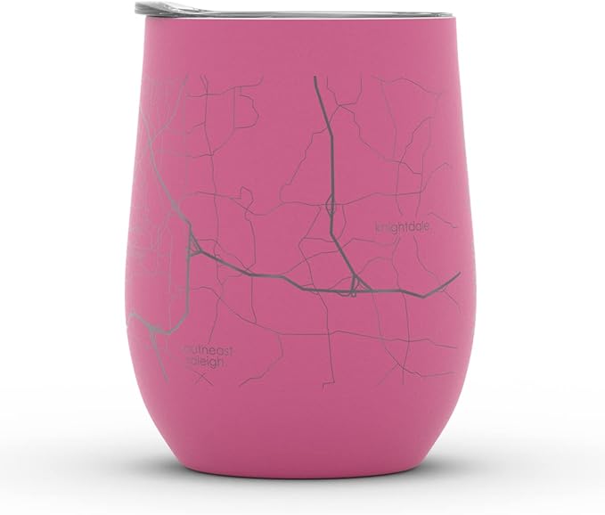 Well Told Engraved Raleigh North Carolina Map Insulated Wine Tumbler, Etched Stainless Steel Cup (12 oz, Sunset Pink) City Map Insulated Tumbler, Custom Insulated Tumbler, Outdoor Drinkware