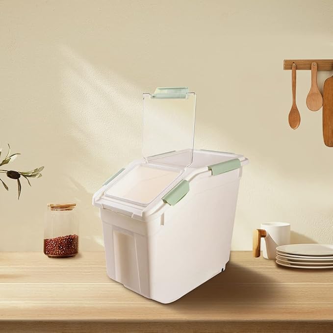Airtight Flour Storage Container 25 lb Rice Storage Container with Wheels Seal Locking Lid, Food Containers with Measuring Cup& Scoop for Flour, Rice, Grain(Cyan)