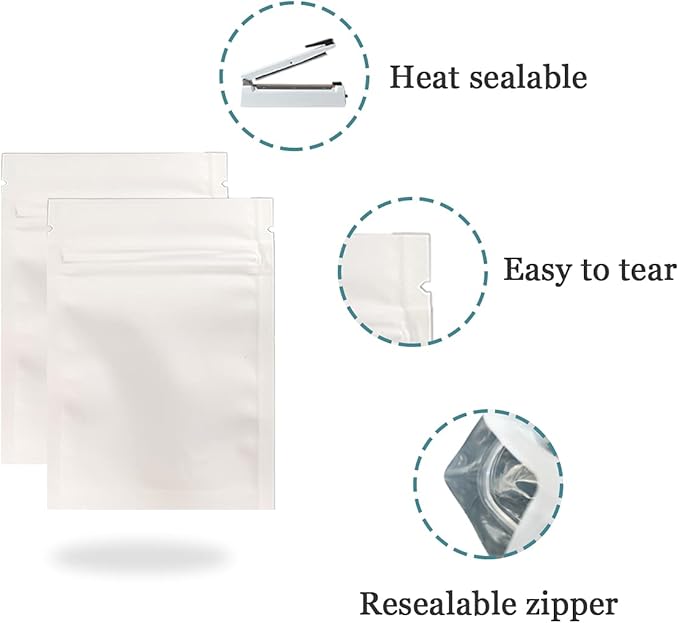 FERENLI 100Pcs Zipper Lock Self Seal Flat Pouch for Zip Aluminum Foil Lock Package Bag Coffee Food Storage Resealable Mylar Bags Heat Sealable Candy Reclosable Bags (10x15cm (3.9x5.9 inch), White)