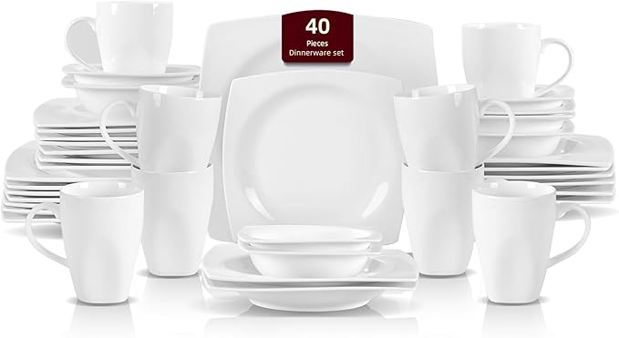 HomeVss, New Bone China Dinnerware SEt, Rim Square Shape, 40pc Set