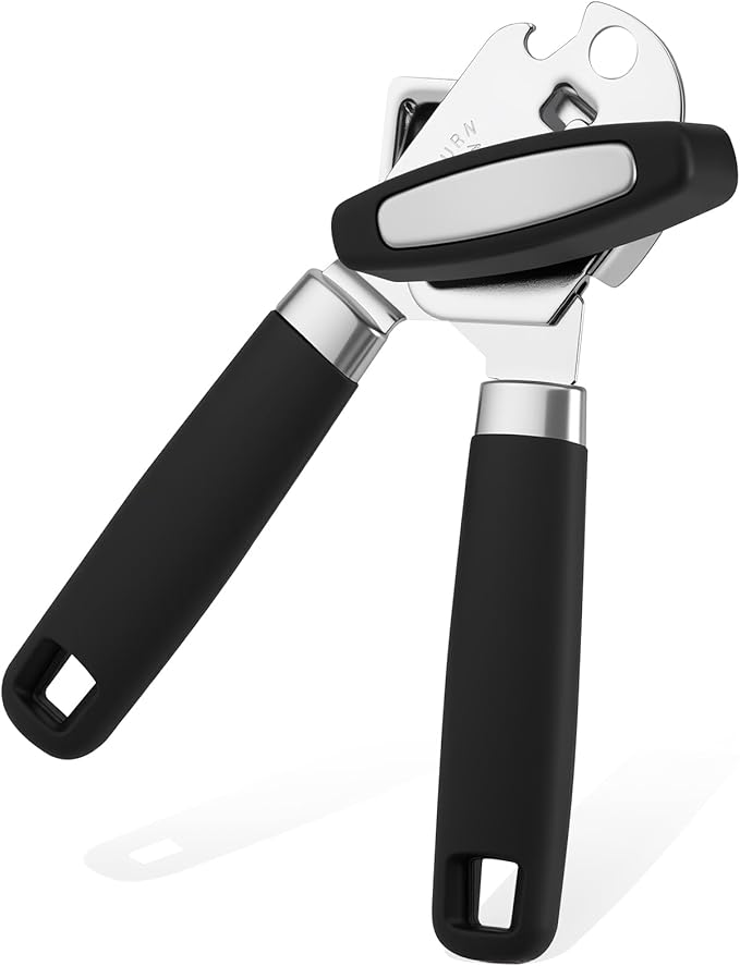 Heavy Duty Smooth Edge Manual Can Opener, Easy Grip Soft Handle with Oversized Turn Knob, Rust-Proof Stainless Steel Kitchen Tool & Bottle Opener, Black