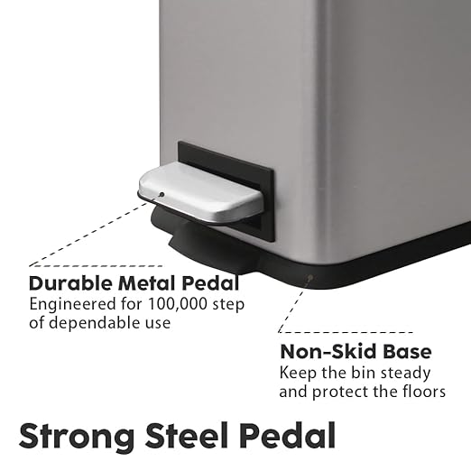 8 Gallon Slim Kitchen Trash Can, Rectangular Trash Can with Removal Inner Bucket and Soft-Close Lid, Foot Pedal, Stainless Steel Garbage Can 30 Liter, Grey