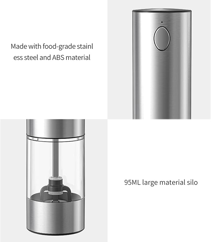 RECHARGEABLE - Electric Pepper and Salt Grinder Set, Adjustable Coarseness, With LED Light, One Hand Automatic Operation (A/Silver)