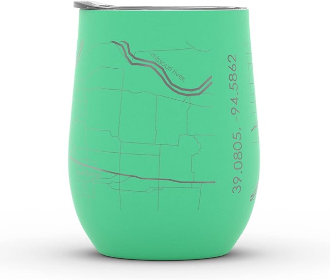 Well Told Engraved Kansas City Missouri Map Insulated Wine Tumbler, Etched Stainless Steel Cup (12 oz, Sunday Green) City Map Insulated Tumbler, Custom Insulated Tumbler, Outdoor Drinkware