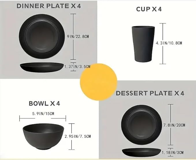 24-Piece Black Unbreakable Wheat Straw Dinnerware Set -Plates and Bowls Sets for 6, Eco-friendly Dishes Set for 6