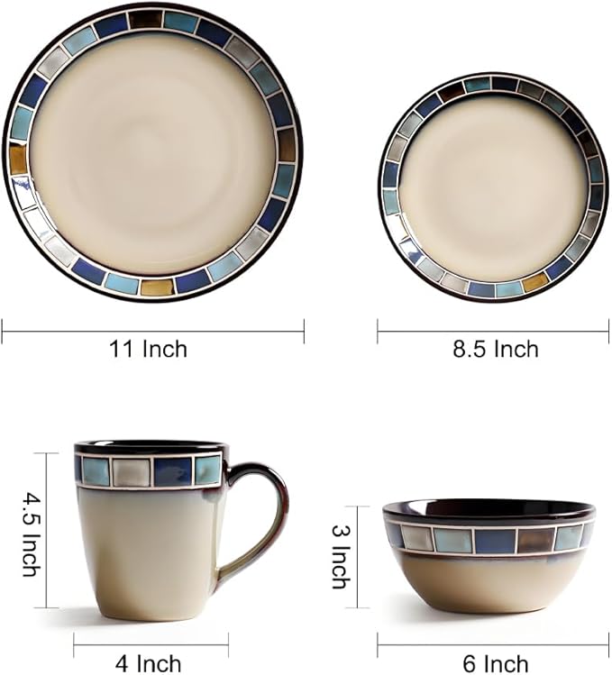 Ceramic Dinnerware Set of 4, 4 Pieces Dishes Set,Plate and Bowl Set, Unique Gift Idea, Scratch Resistant Dishes, Dishwasher & Microwave Safe(Blue)