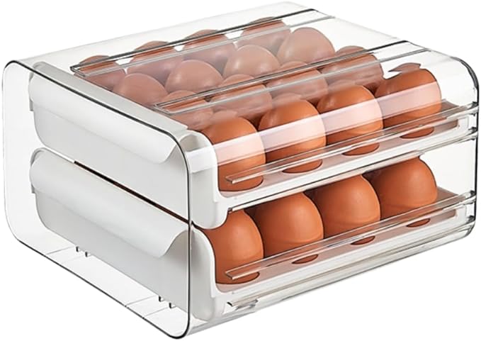 Egg Drawer for Refrigerator 32 Eggs, 2 Tier Clear Stackable Egg Holder with Drawer for Fridge, Drawer Type Egg Storage Box, Egg Tray Countertop (White)
